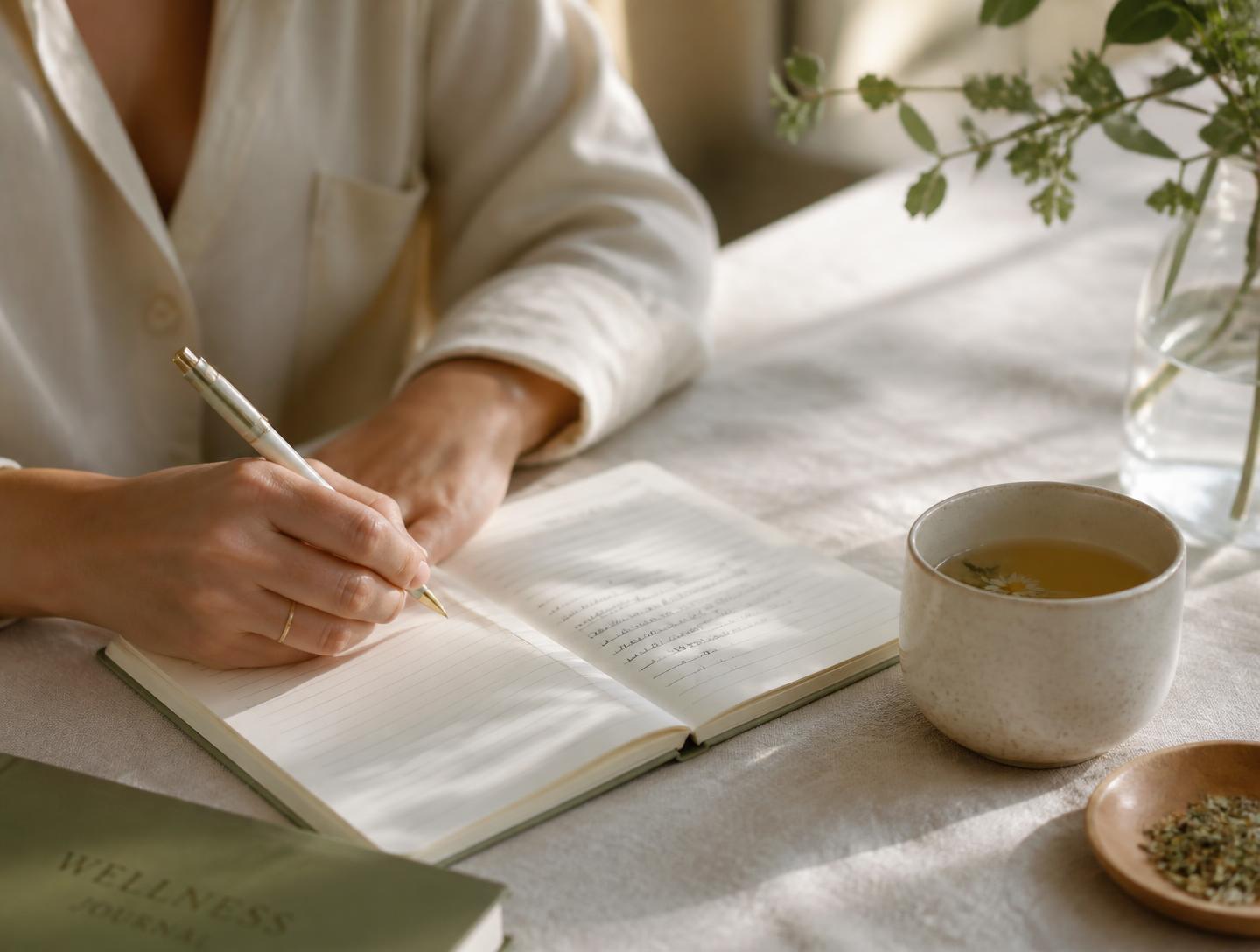 Journalling with tea in morning light