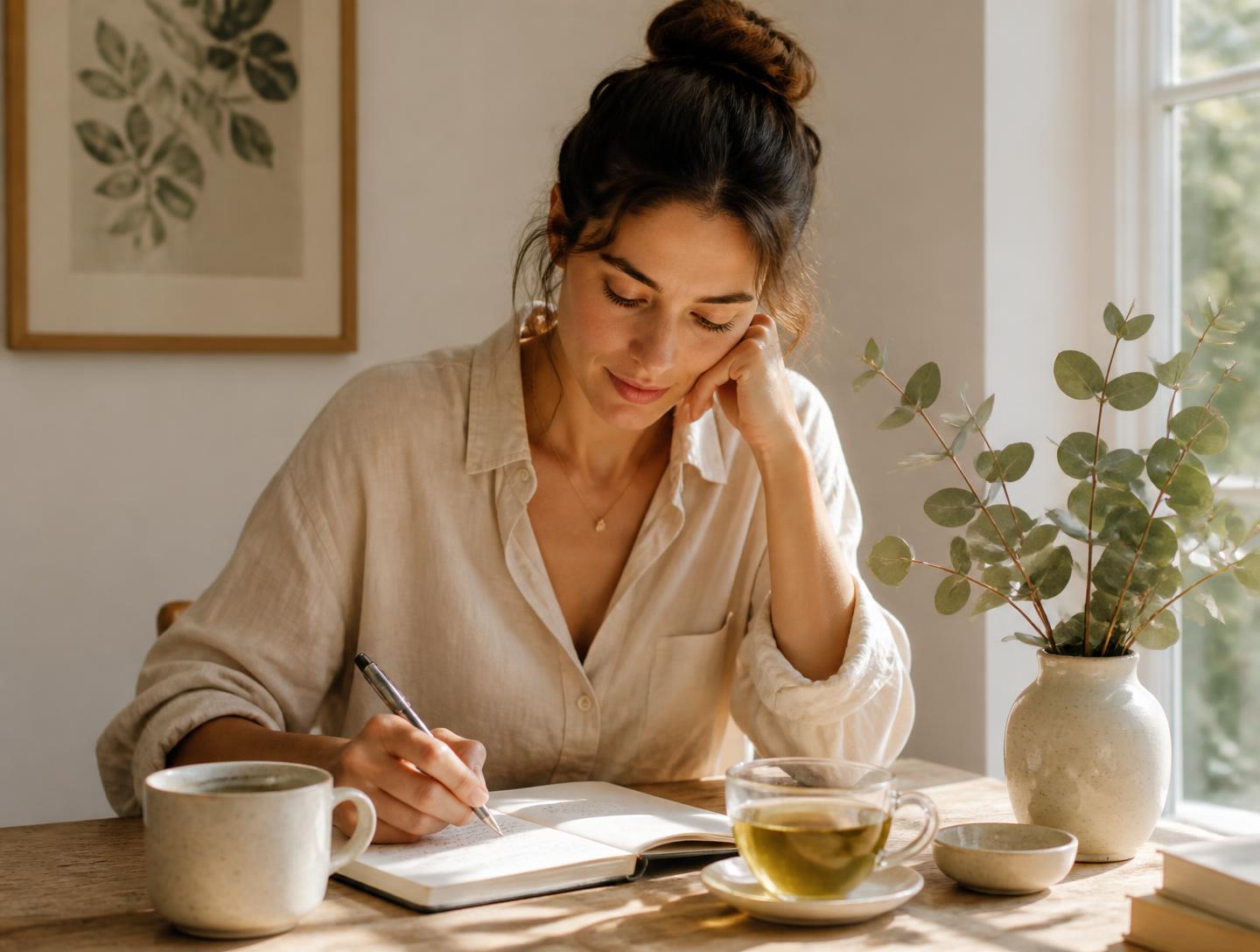 Woman journalling beside herbal tea in morning light
