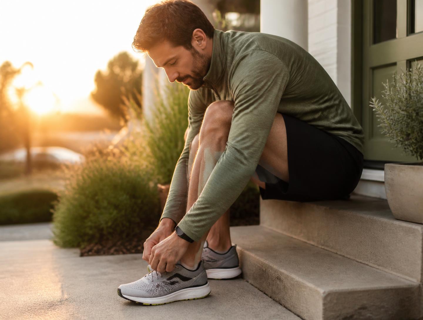 Man lacing running shoes at sunrise