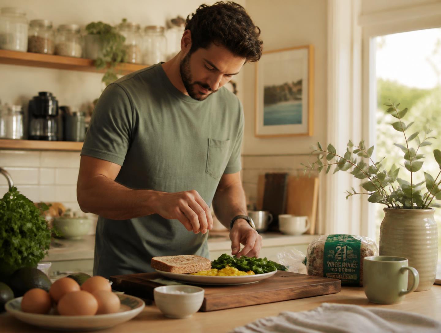 Man preparing a protein-rich breakfast in morning light