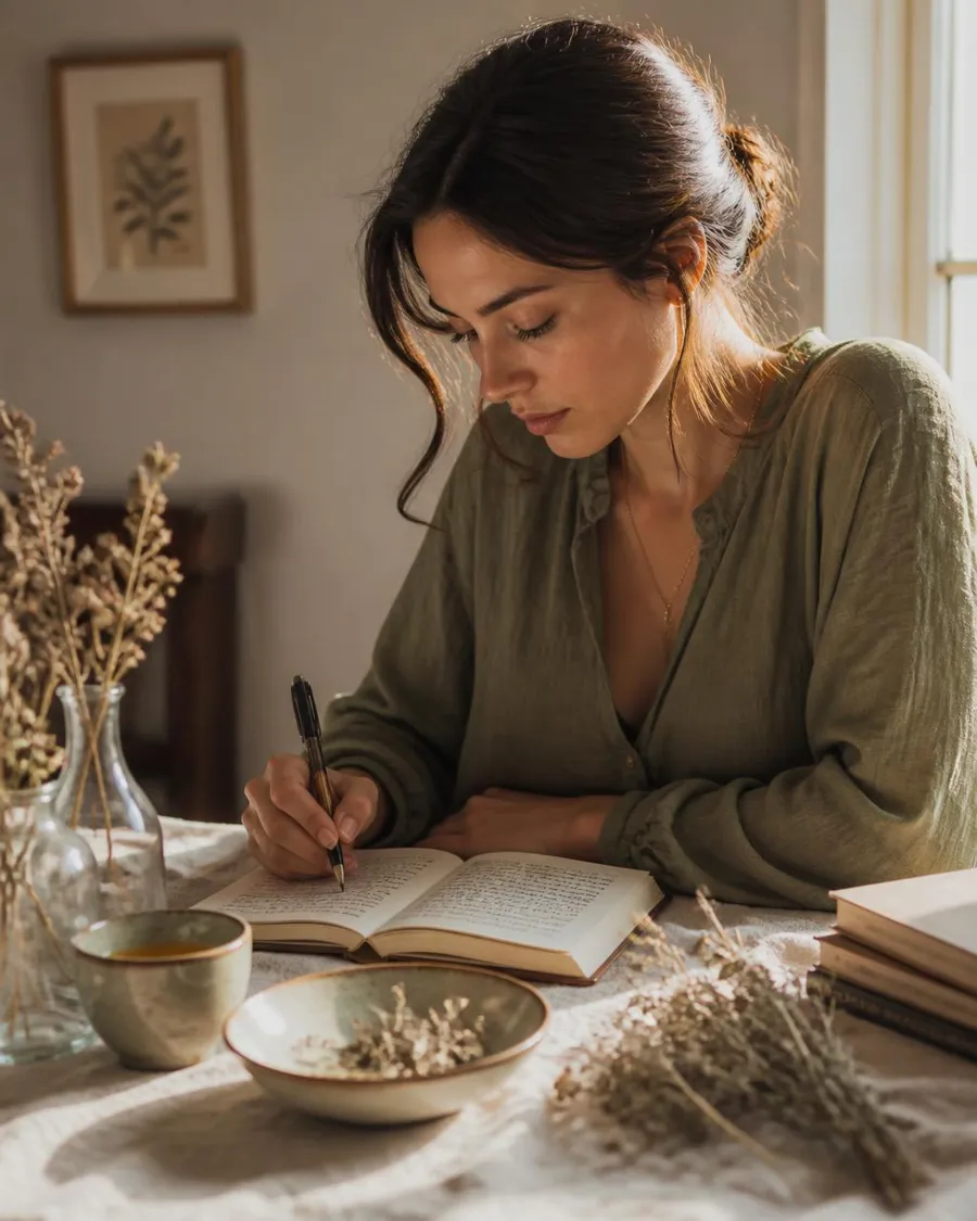 Journalling with tea in morning light