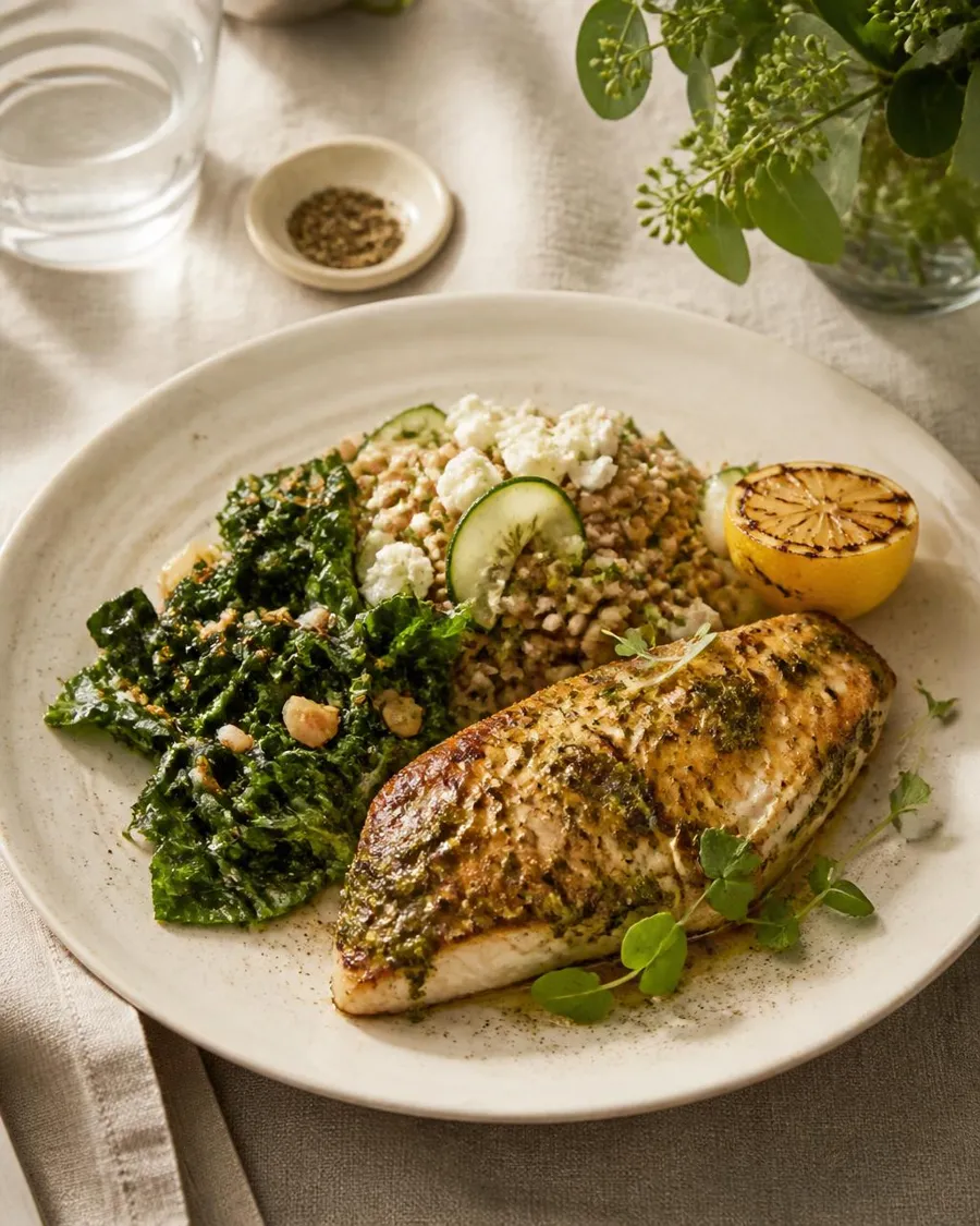 Balanced home-cooked plate of fish and greens