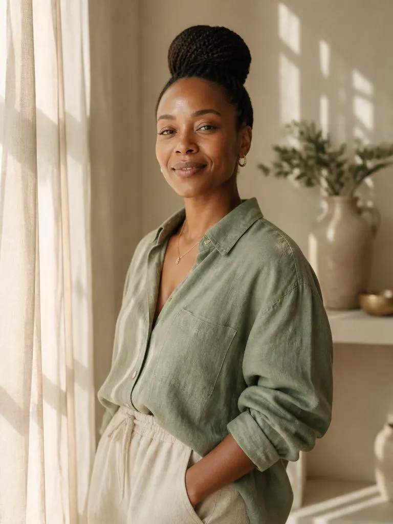 Woman standing in soft morning light at home