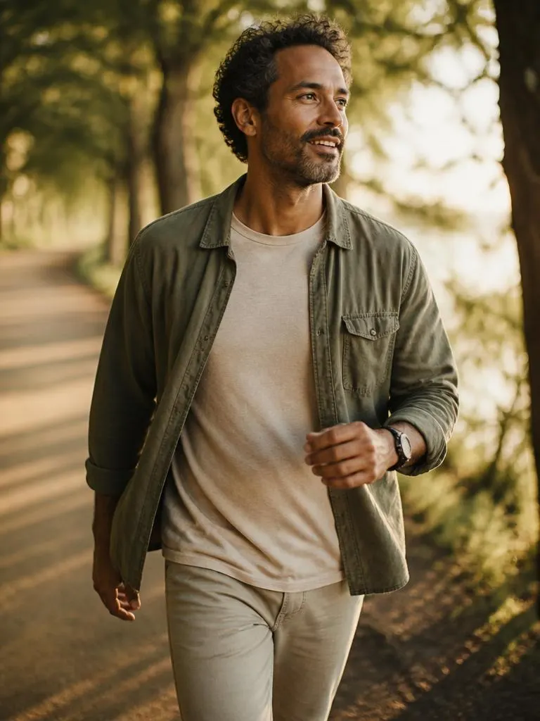 Man walking a tree-lined path in morning light