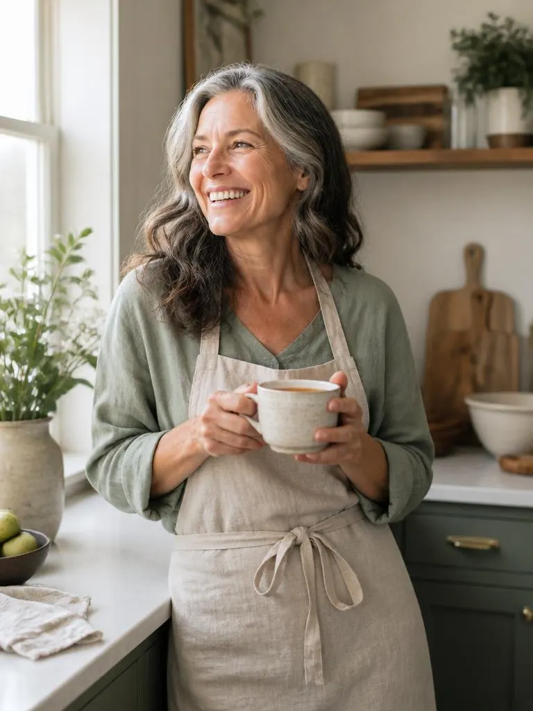 Woman holding a warm mug in a sunlit kitchen