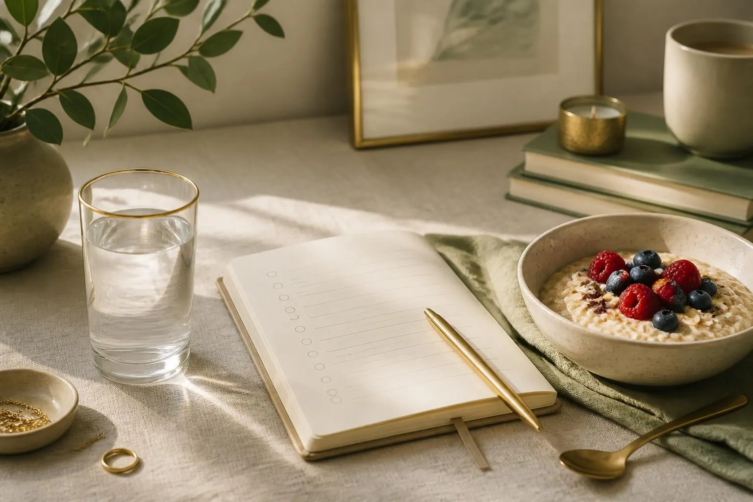 Morning table with water, a habit notebook and breakfast