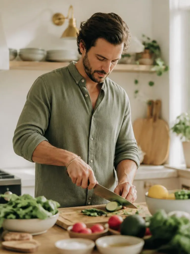 Man chopping fresh vegetables in a bright kitchen