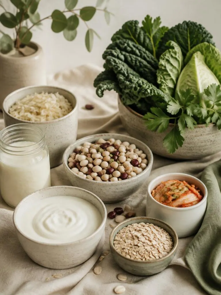 Fermented and fibre-rich whole foods on a linen cloth