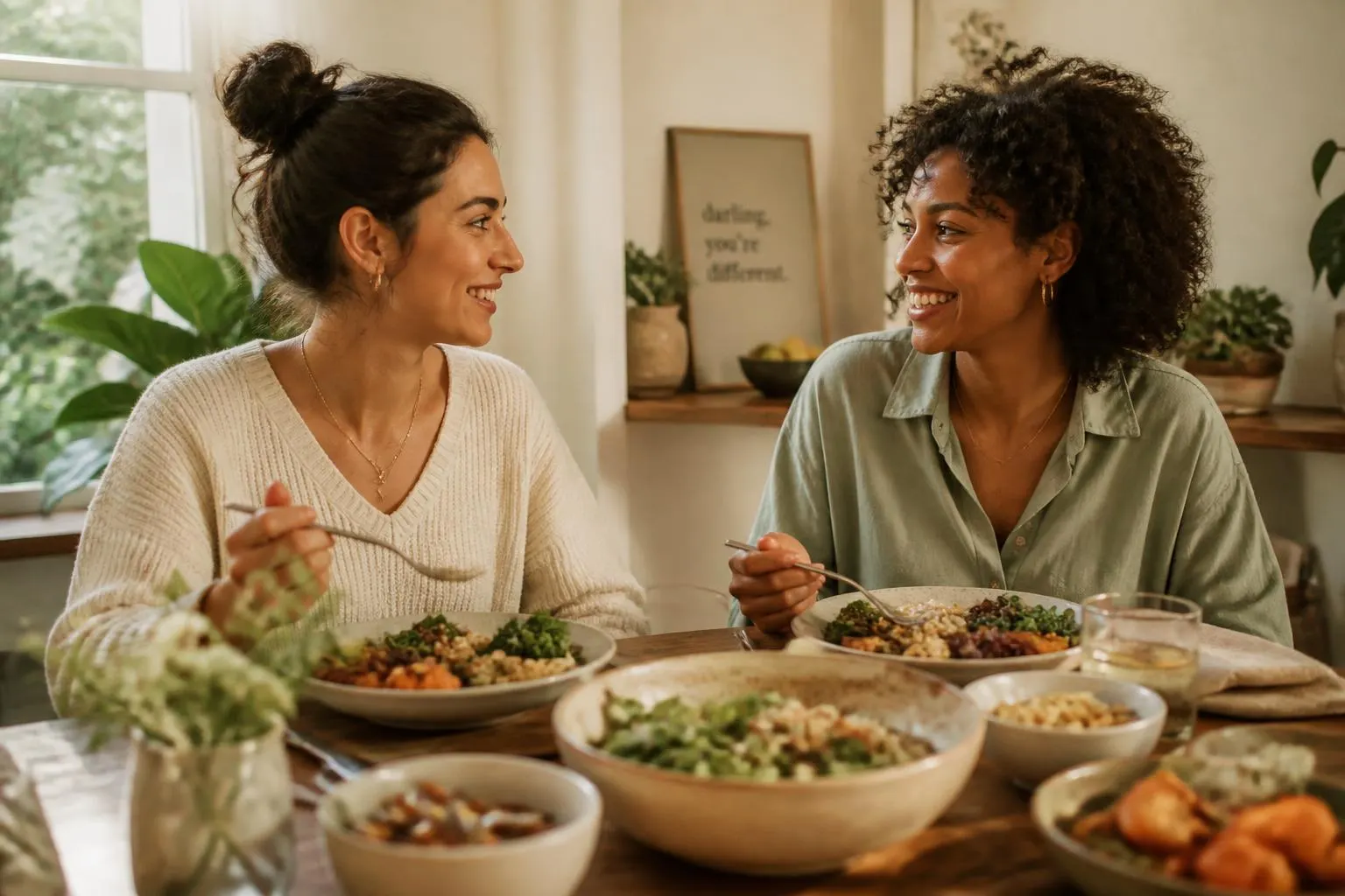 Two friends sharing a slow home-cooked meal