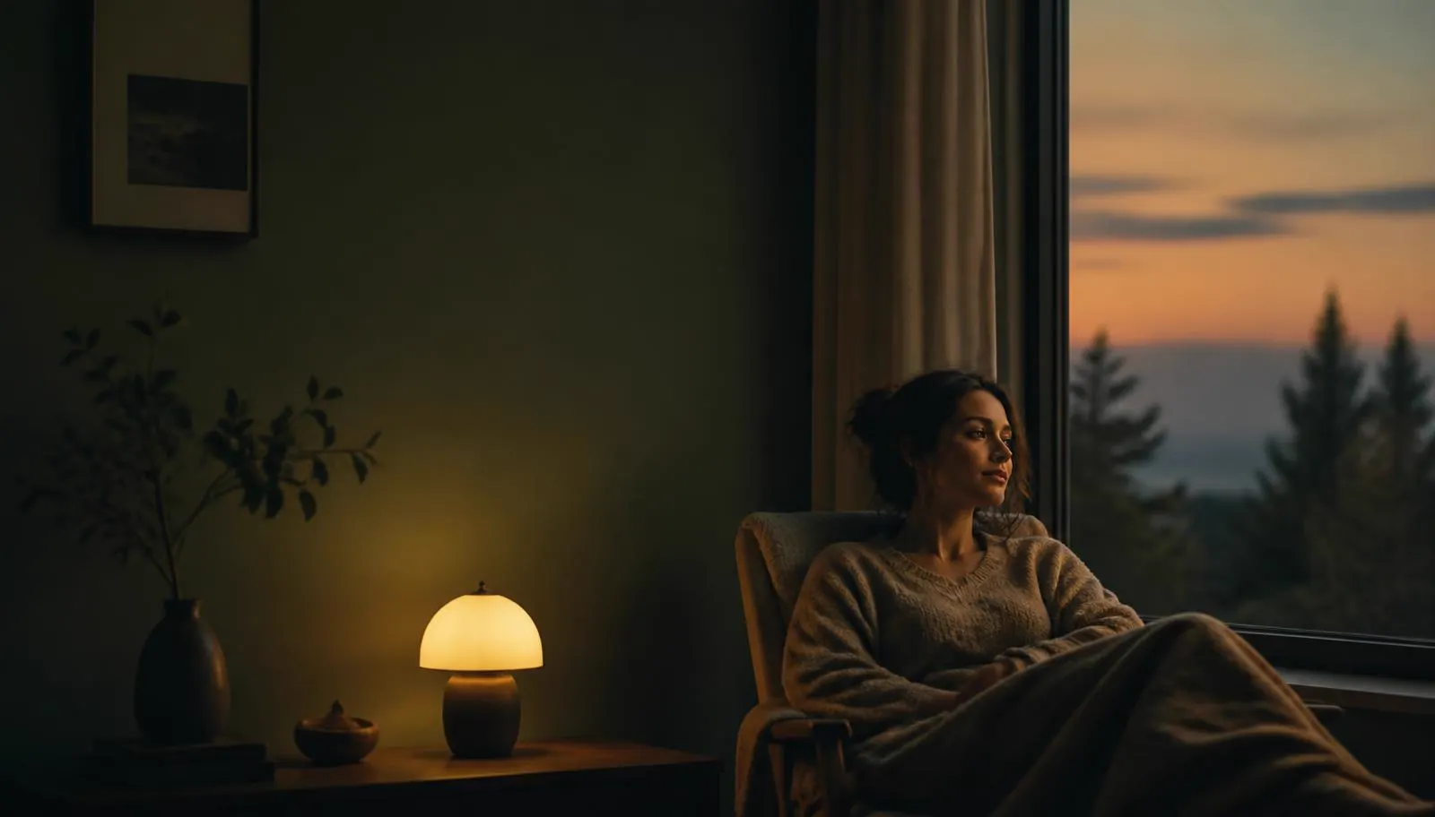 Woman resting by a window at dusk