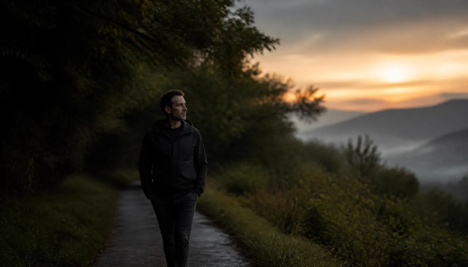Man walking outdoors at dawn