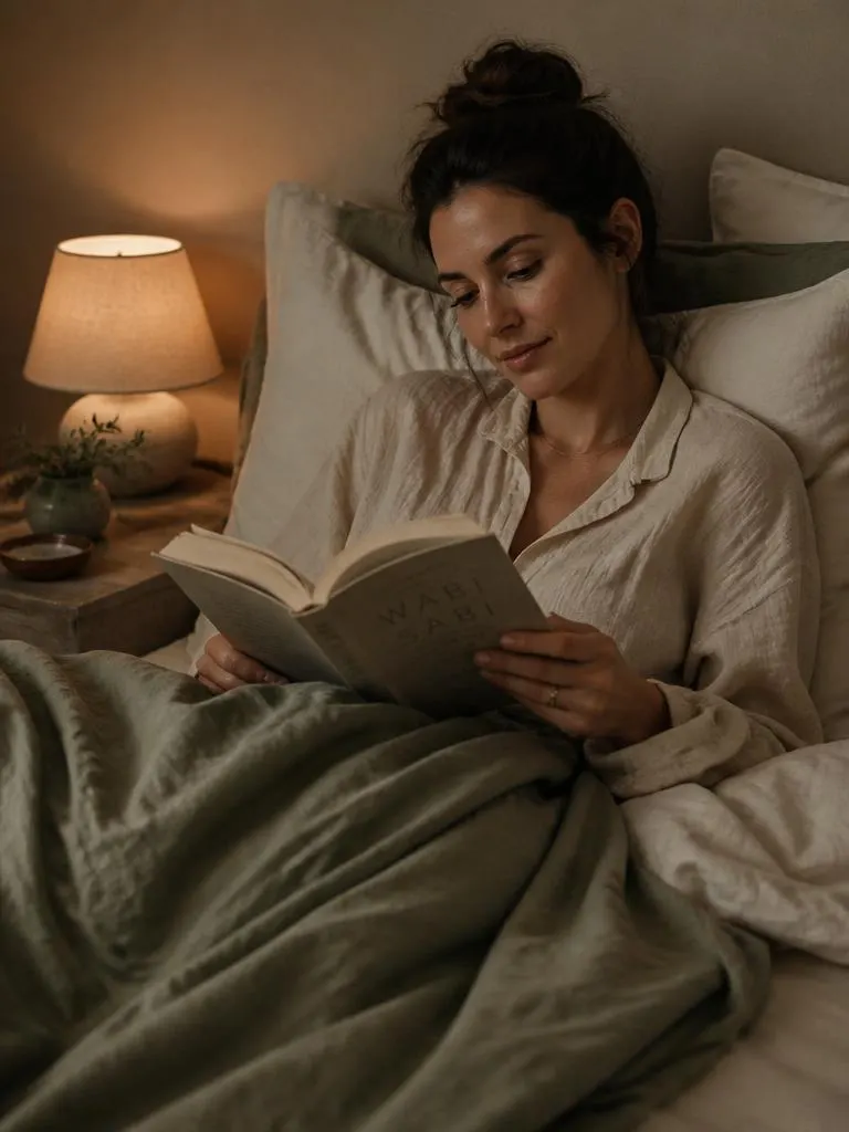 Woman reading in bed by warm lamplight