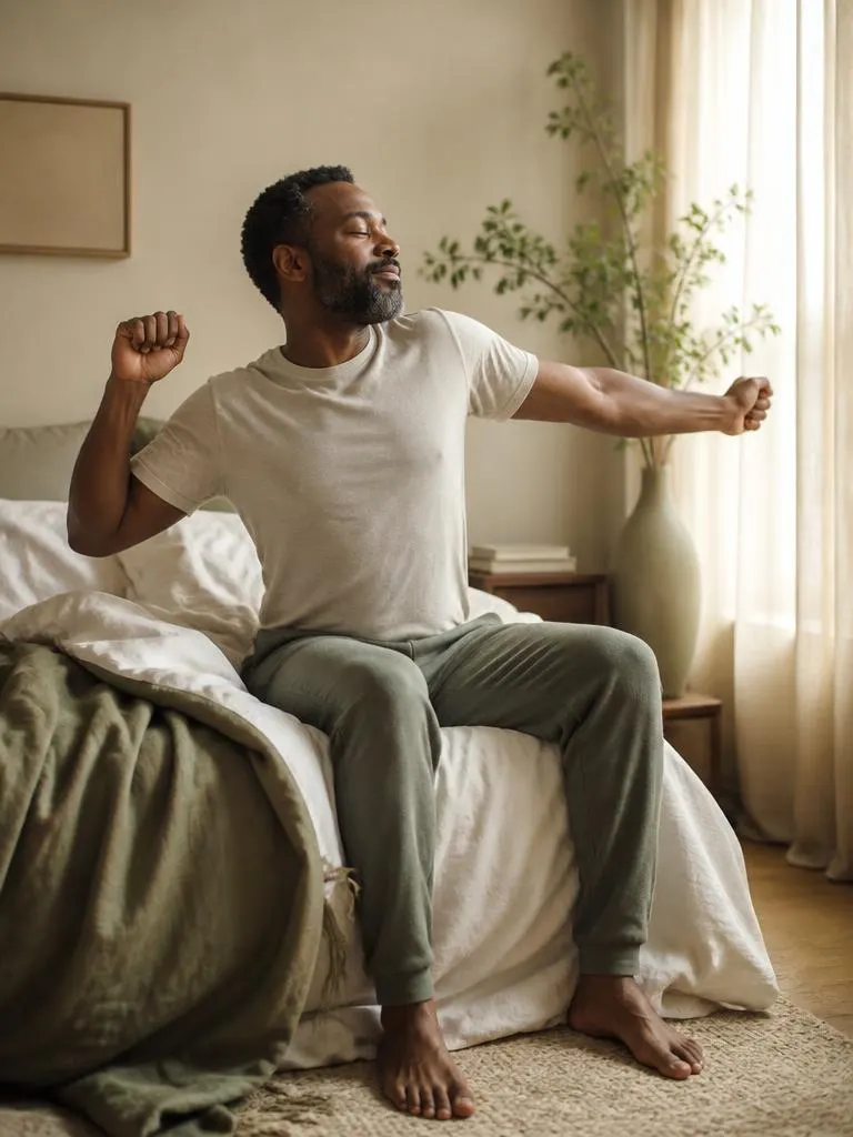 Man stretching as morning light enters the bedroom