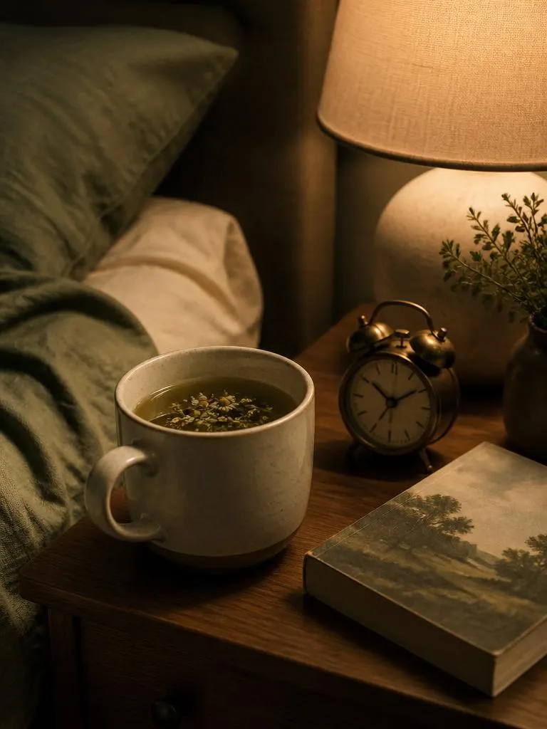Bedside table with herbal tea, clock and a book