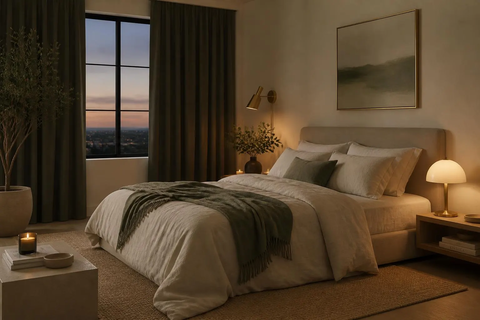 Calm minimal bedroom at dusk with low warm lighting