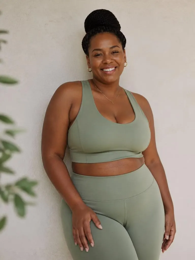 Woman in activewear standing relaxed in daylight