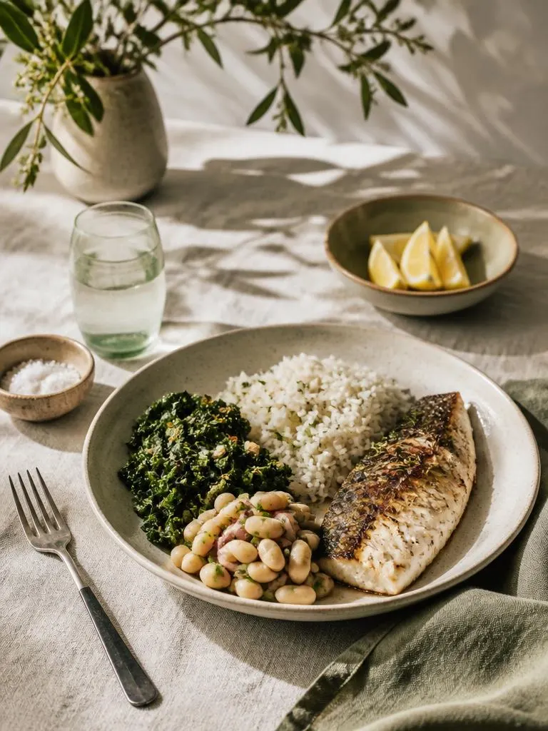 Balanced home-cooked plate of fish, greens and rice