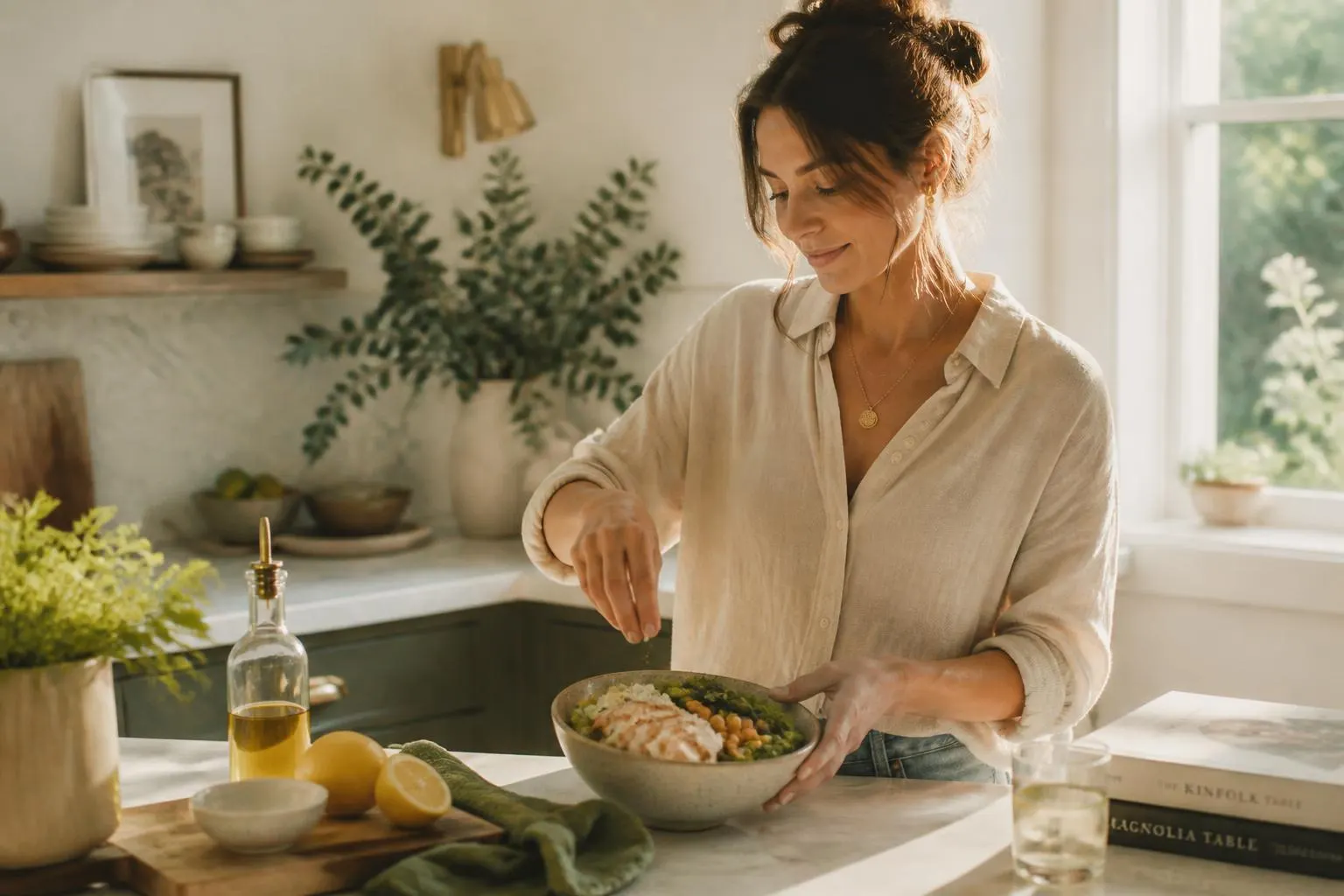 Woman preparing a simple protein-rich lunch in a bright kitchen