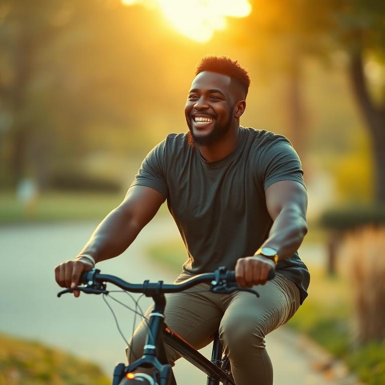 Man cycling in golden morning light