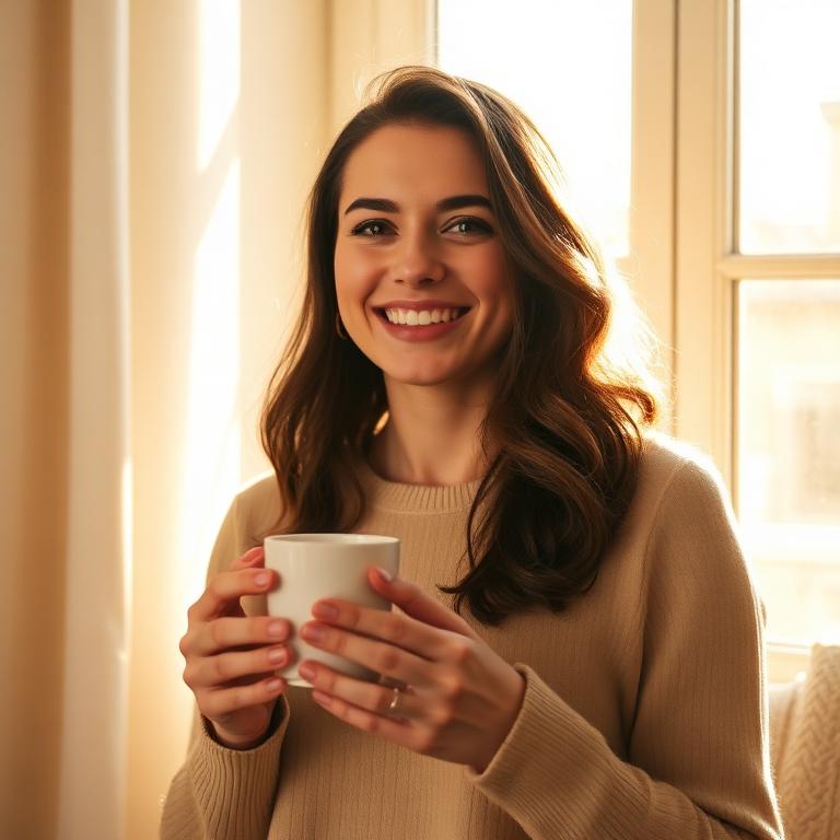 Woman smiling with morning tea by a window