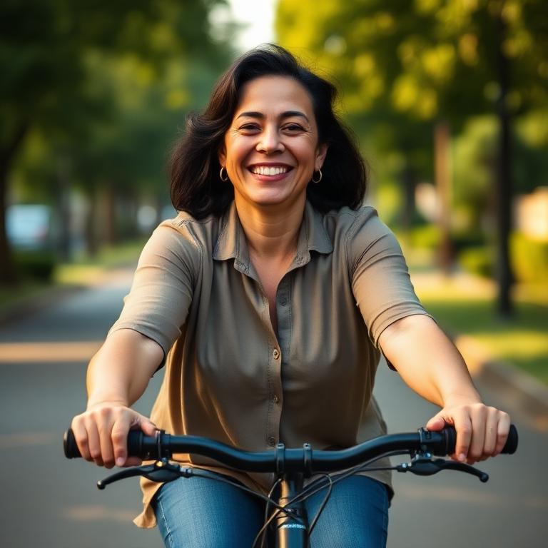 Woman smiling while cycling on a quiet street