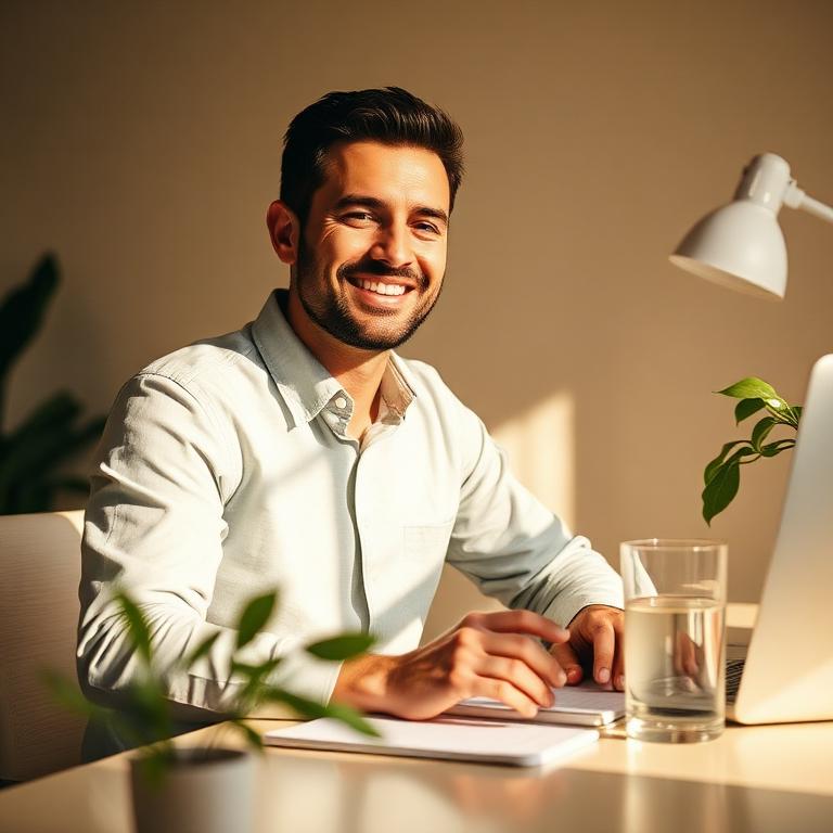 Man smiling at a bright desk with water and a plant