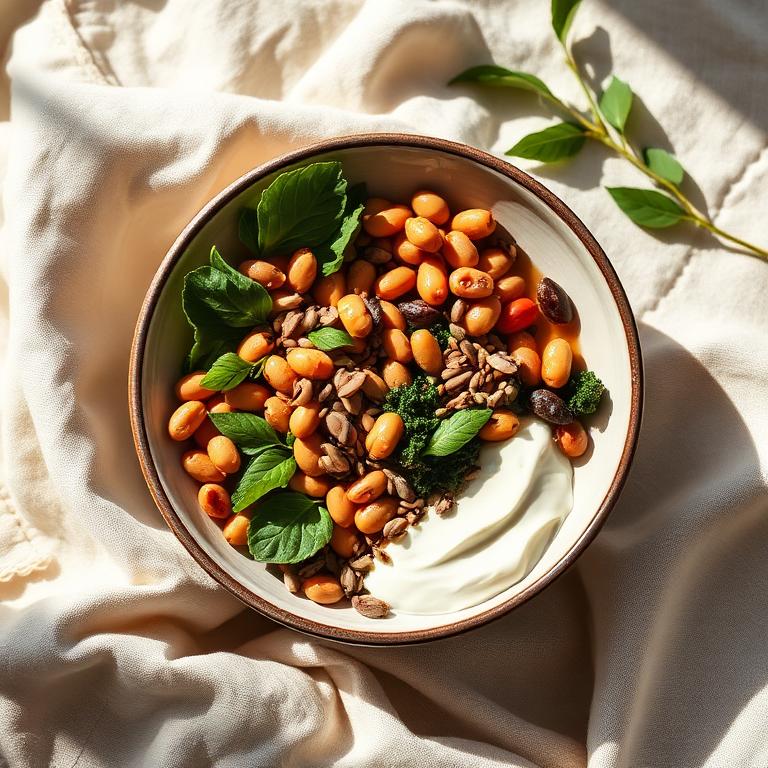 Fibre-rich bowl of beans, greens and seeds