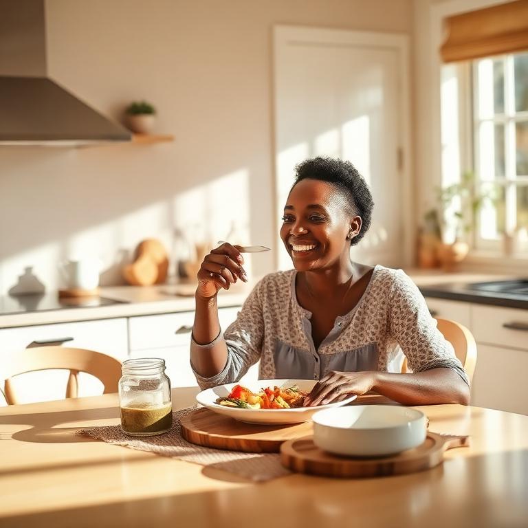 Woman eating an unhurried meal at a sunlit table