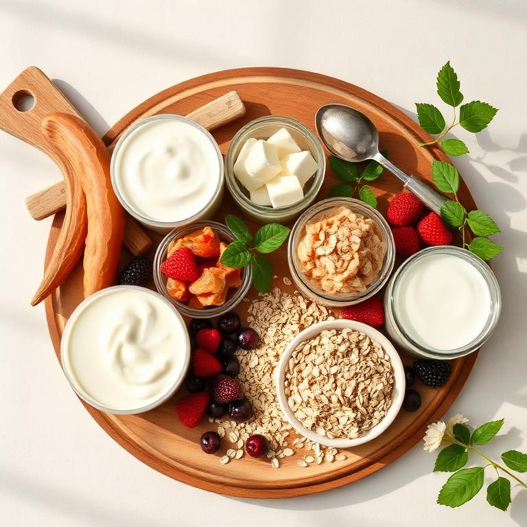 Fermented foods and fresh produce on a board