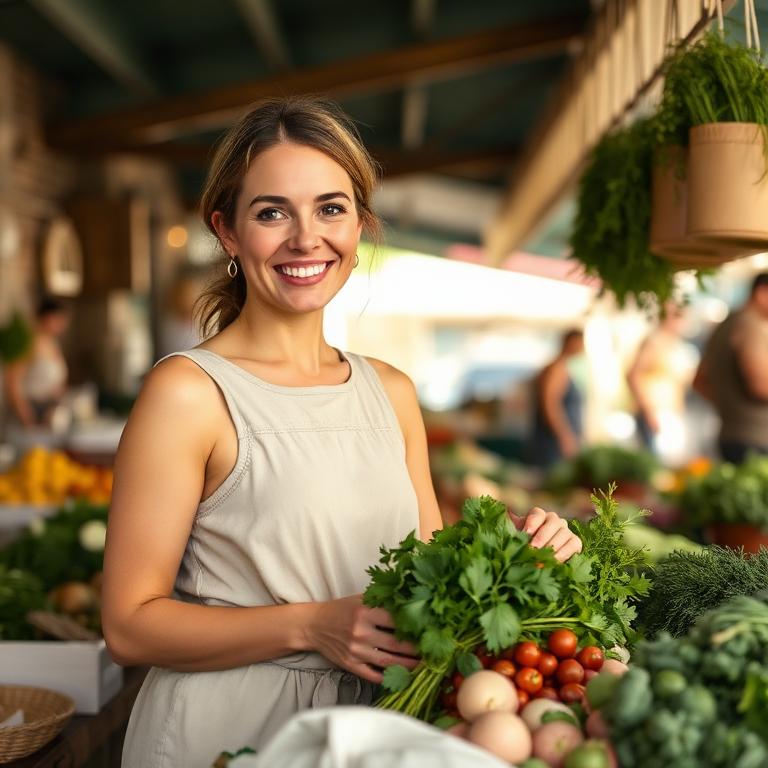Woman smiling with fresh produce at a market