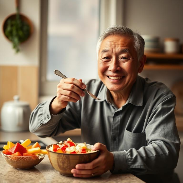 Man smiling over a colourful bowl of food