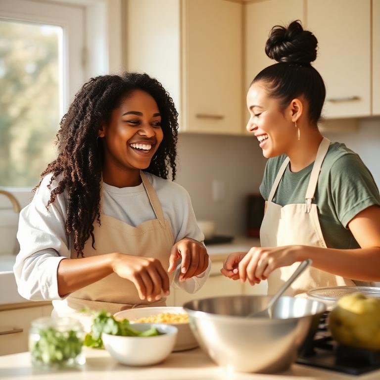 Two friends laughing while cooking together