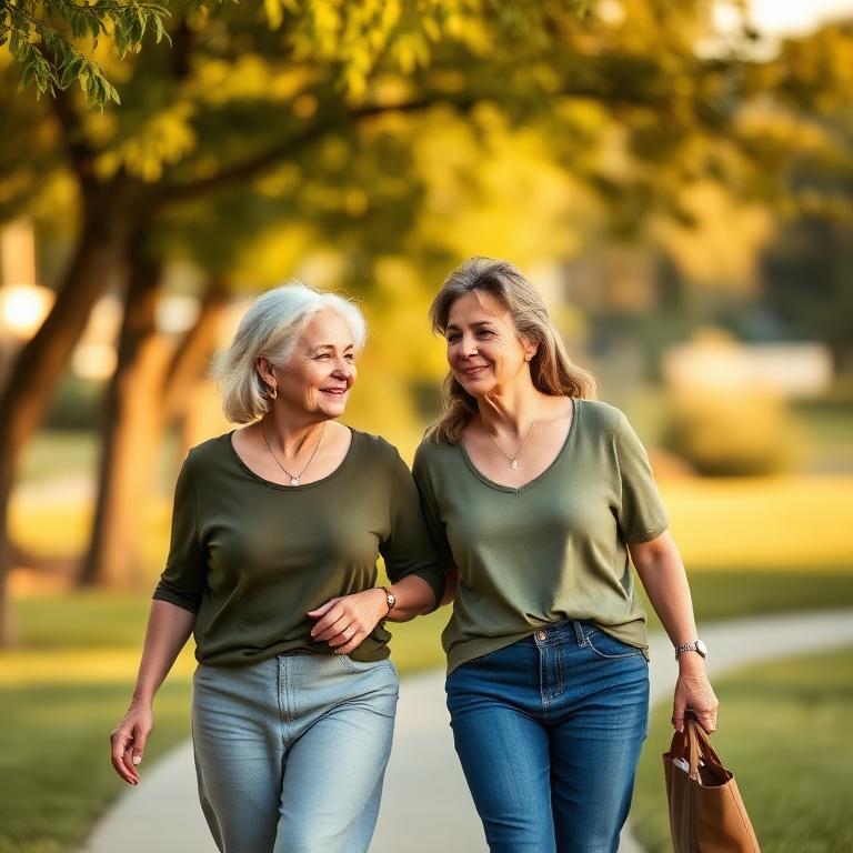 Two women walking together in evening light