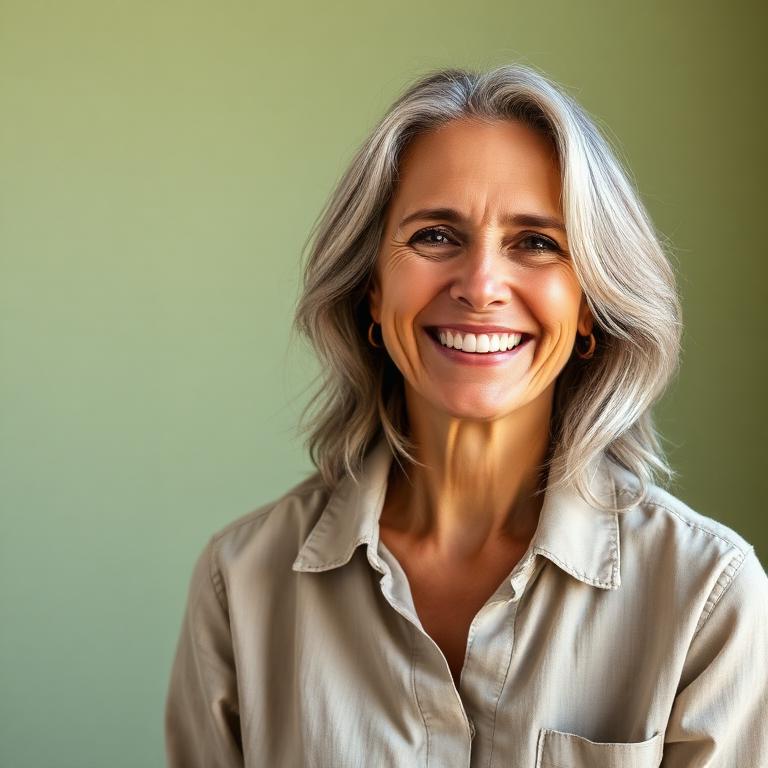 Woman smiling in a linen shirt in daylight