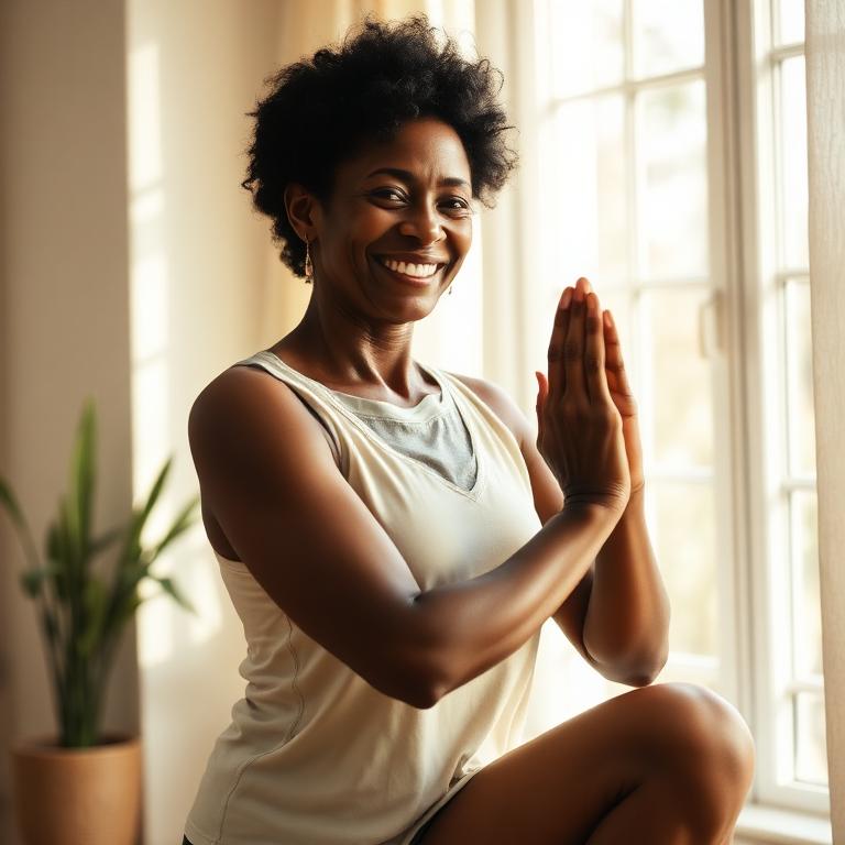 Woman smiling during gentle yoga at home