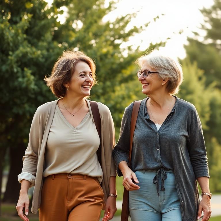 Two friends laughing on a walk together