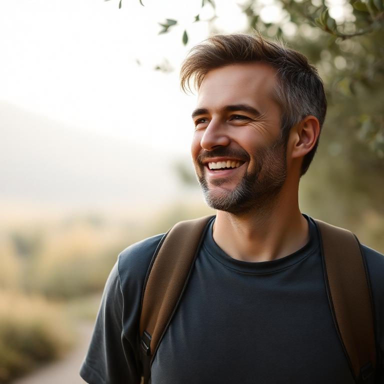 Man smiling after a walk outdoors