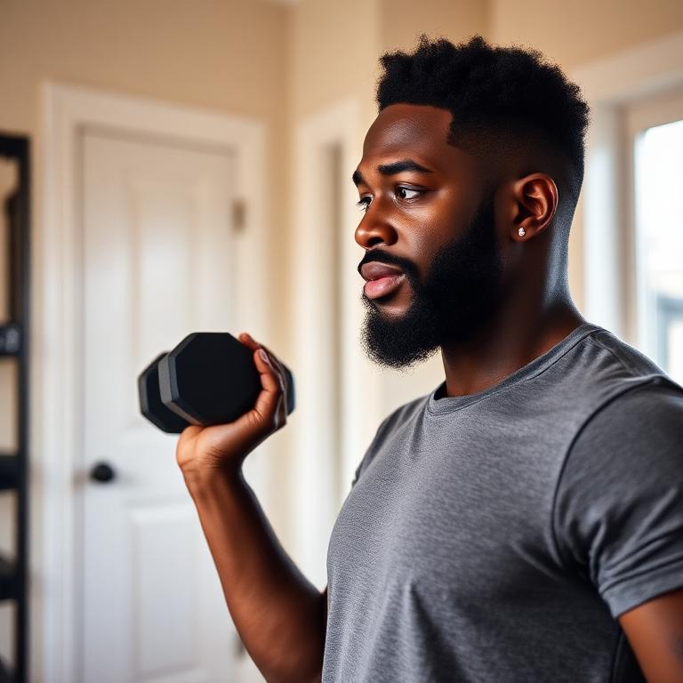 Man training with a dumbbell at home