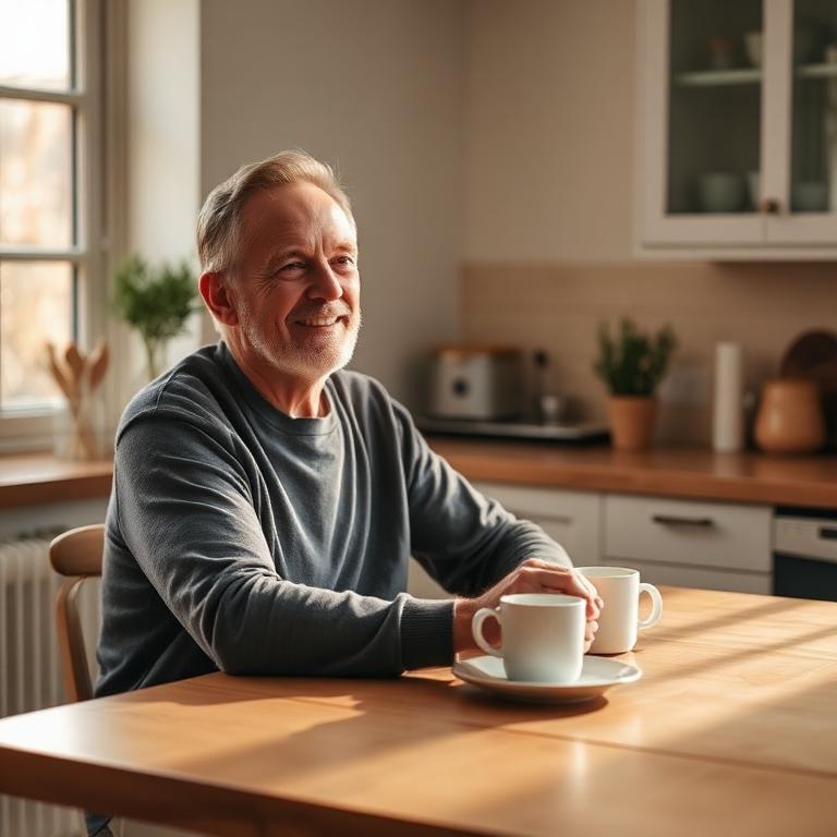 Man with morning coffee at a kitchen table
