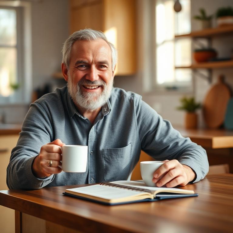 Man smiling with coffee and a notebook