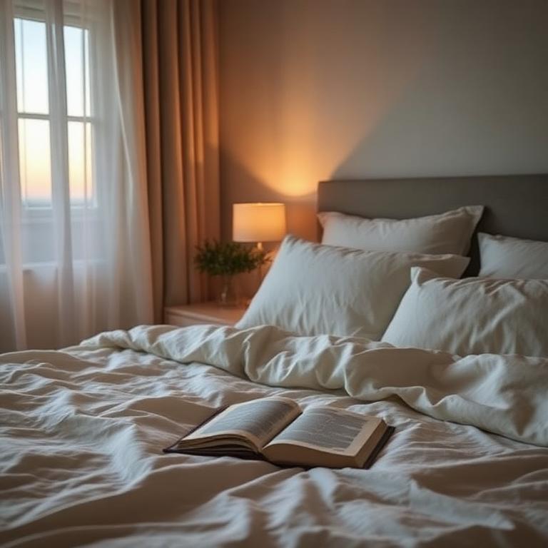 Calm bedroom with linen bedding at dusk