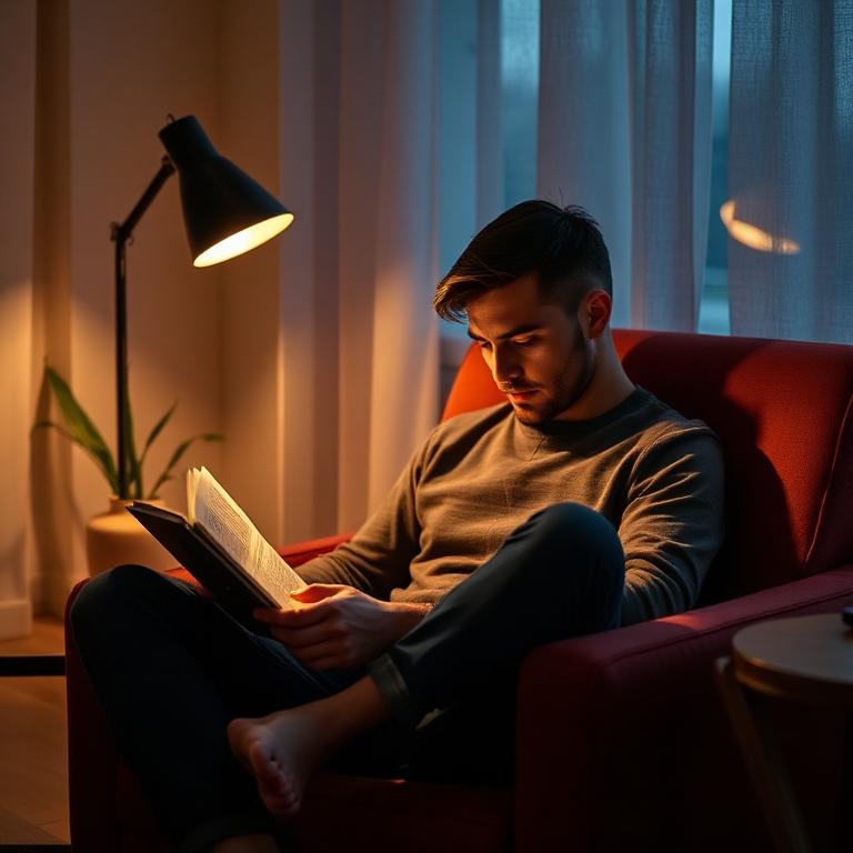 Reading in a low-lit armchair in the evening