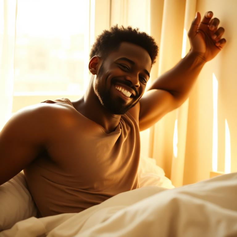 Man waking rested and stretching in sunlight