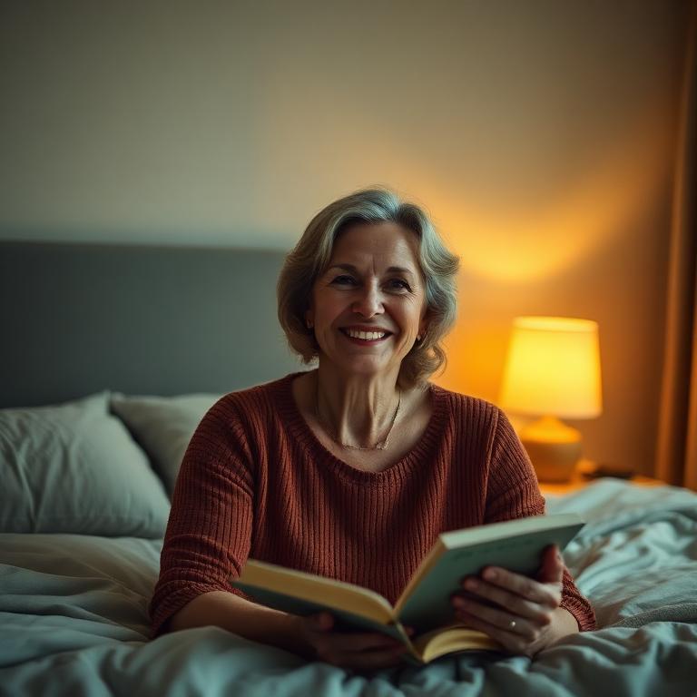 Woman smiling with a book under warm lamplight