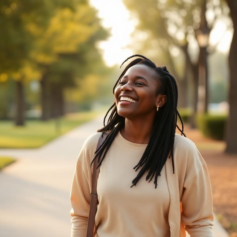 Woman laughing on a morning walk