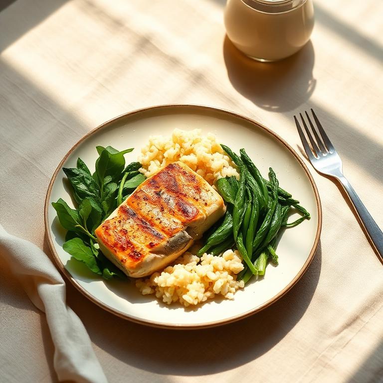 Balanced plate of fish, greens and rice