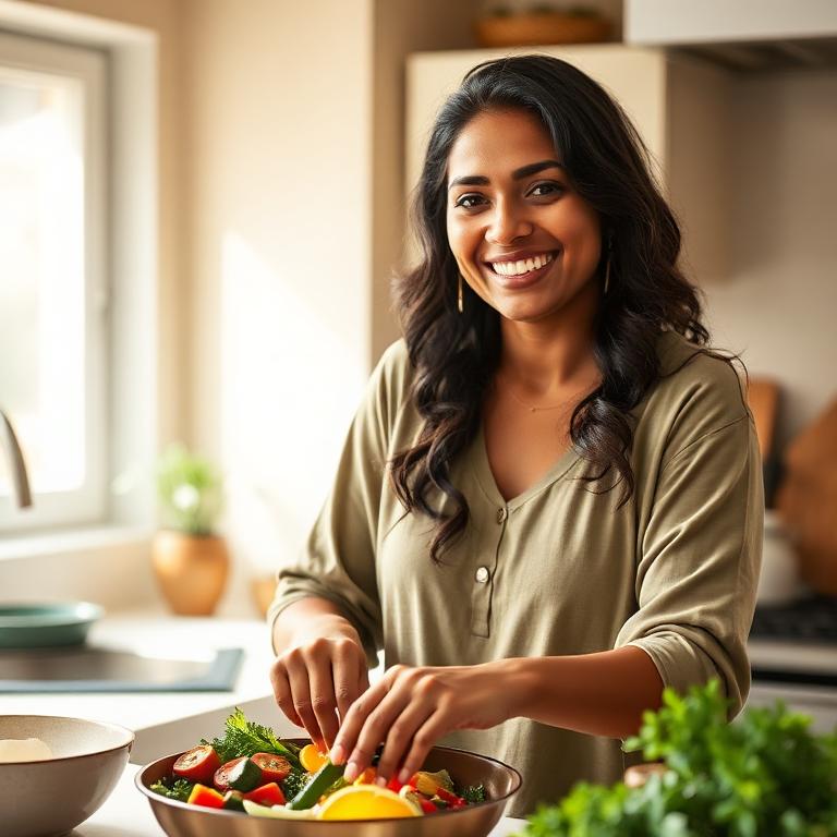 Woman smiling while preparing a vegetable meal