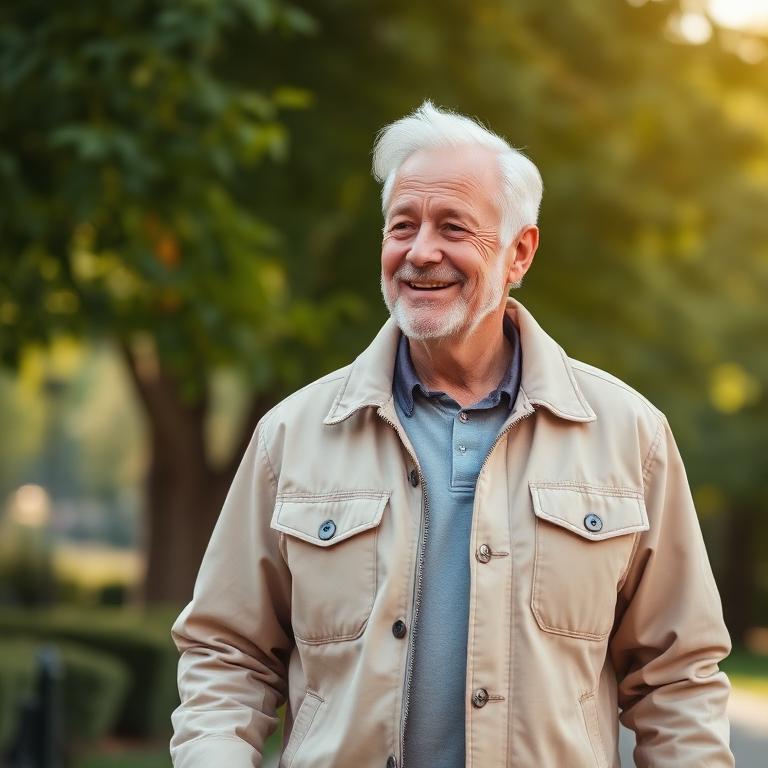 Man smiling on a walk through the park